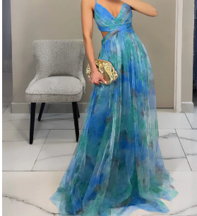 Womens Sexy Wrapped Chest Sleeveless Floral Print Mesh See Through Strap Long Dress Vacation Dress