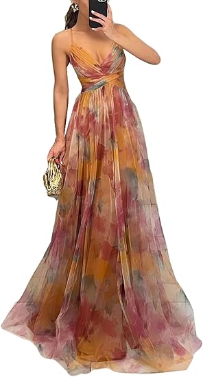 Womens Sexy Wrapped Chest Sleeveless Floral Print Mesh See Through Strap Long Dress Vacation Dress