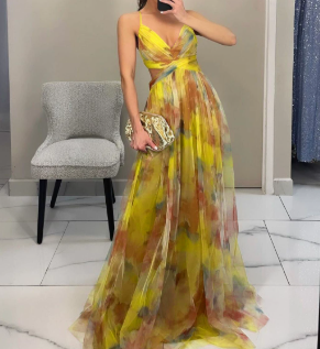 Womens Sexy Wrapped Chest Sleeveless Floral Print Mesh See Through Strap Long Dress Vacation Dress