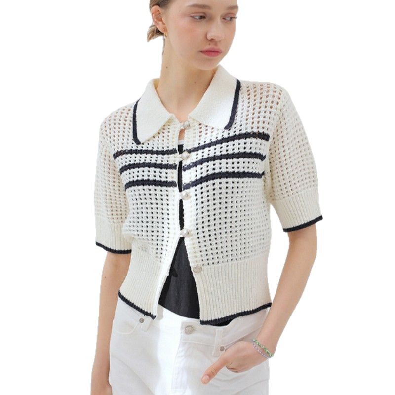 New Arrival Women's Short-Sleeve Fitted Lapel Striped Knit Cardigan Stylish Hollow-Out Open Front Outerwear