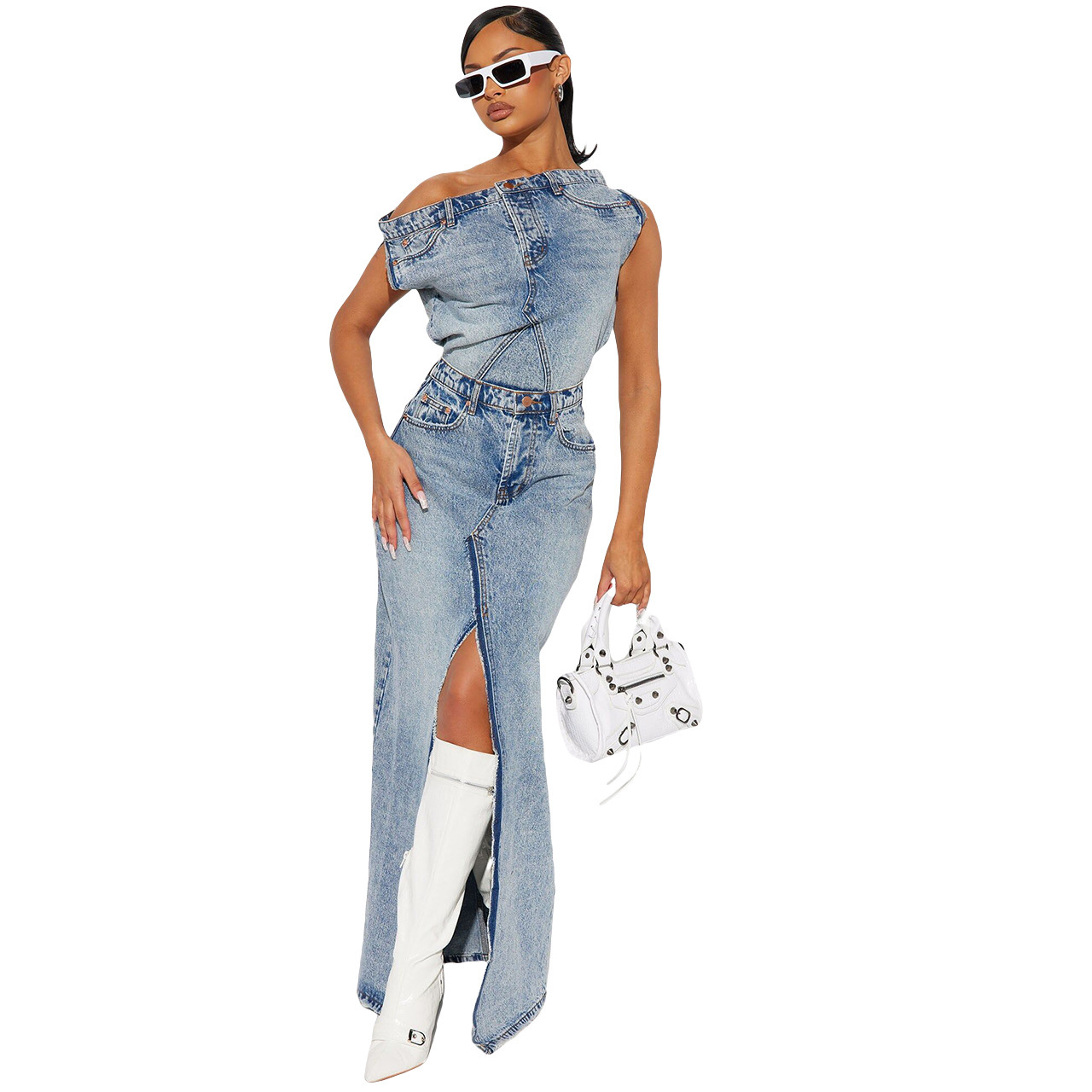 Women's Vintage Solid-Color Denim Set Two-Piece Casual Outfit with Front-Slit Denim Skirt