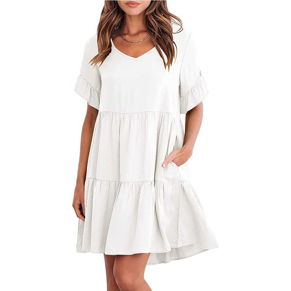 Women's Summer Casual V Neck Short Ruffle Sleeves Dress A Line Tiered Flowy Trendy Mini Beach Dress with Pockets Elegance Cottagecore Pleated Midi Dress for Beach Vacations Daily Outfits 