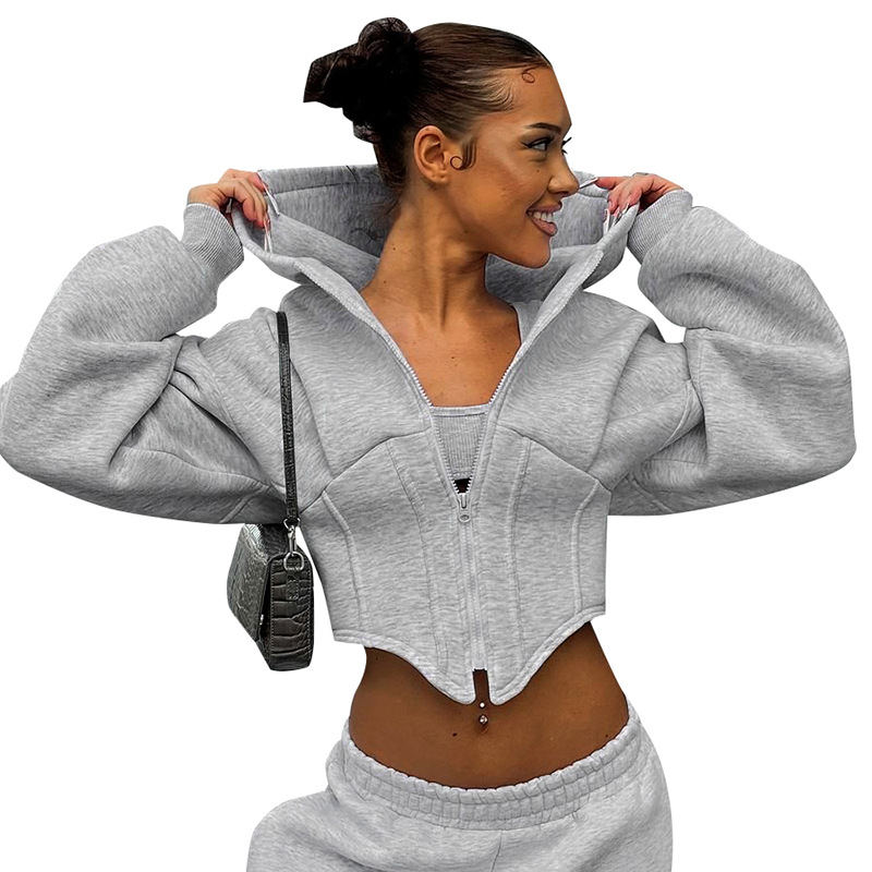 Women's Solid Color Fleece-Lined Zip-Up Hoodie Long-Sleeve Casual Jacket with Tummy-Control Hem Design