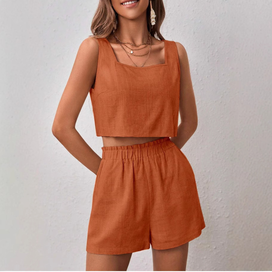 Casual Chic Solid Color Linen-Cotton Sleeveless Two-Piece Set Loose-Fit Top & Shorts Ensemble