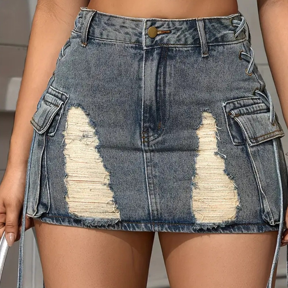 Vintage Distressed Denim High-Waisted Shorts for Women Washed Look Side Pockets & Tie-Strap Detail
