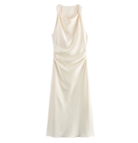  女士正式长缎面连衣裙船员领无袖褶腰及地连衣裙优雅的鸡尾酒会礼服