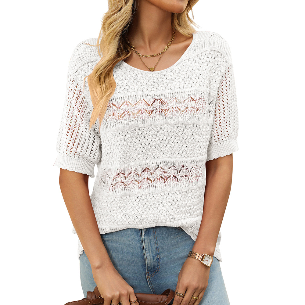 Womens Summer Crochet Hollow Out Knit Tops Short Sleeve Round Neck Pullover Sweaters Solid Color Casual Loose Slim Fit Top for Daily Work Wear Beach Cover Ups 2025 Trendy Clothes