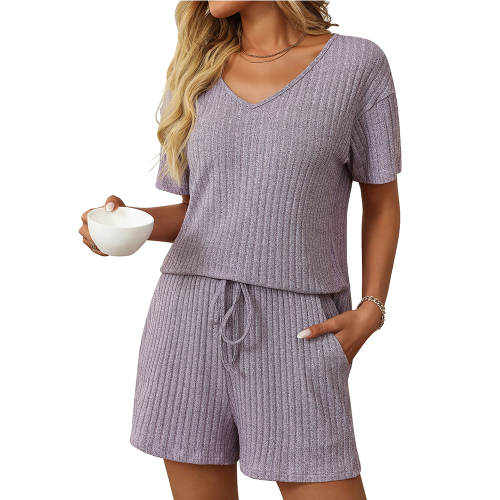Womens Summer Pajamas 2 Piece Lounge Sets Solid Color V Neck Short Sleeve Top Shorts Sleepwear Pajama Set Tracksuits Ribbed Spring Sets Trendy Matching Shorts Outfits Vacation Clothes Loungewear