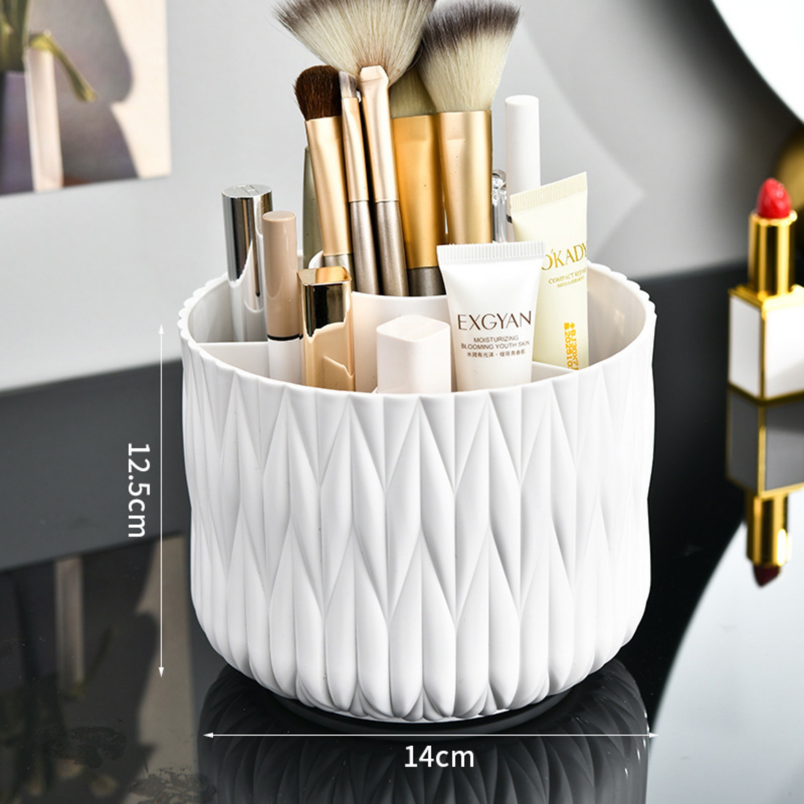 Rotating 6-Compartment Cream Style Storage Organizer - Multifunctional Desktop Organizer for Makeup, Stationery & Small Items (Cream Yellow & White)