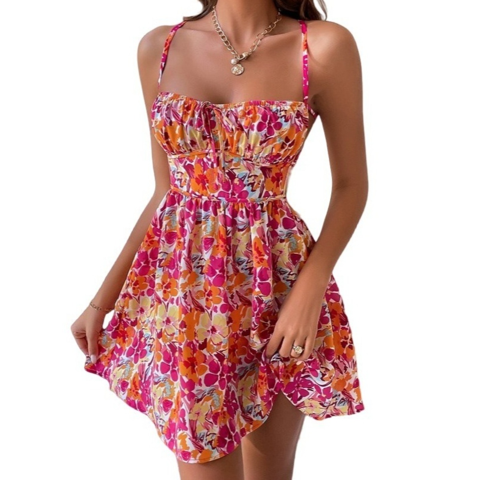 跨境女装度假风连衣裙春夏新款海边度假碎花方领短裙