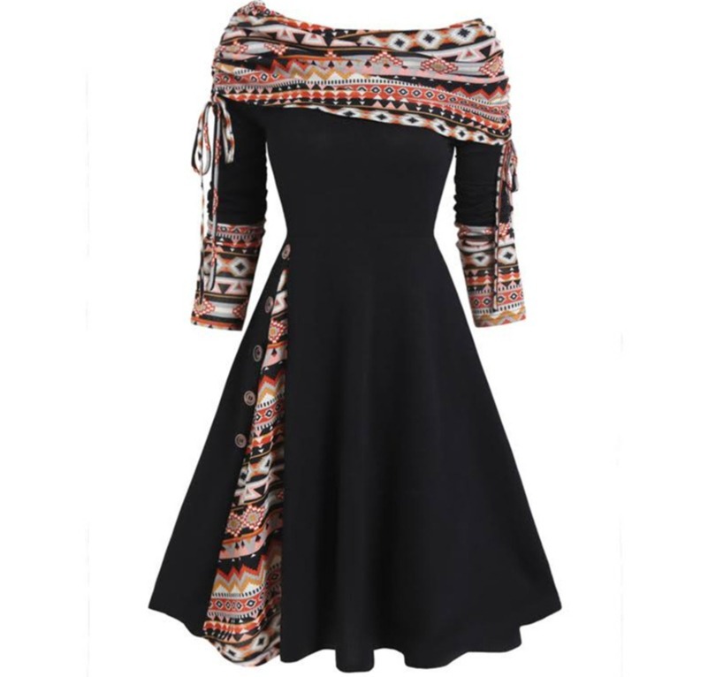 新款时尚女装收腰大摆一字肩长袖连衣裙女