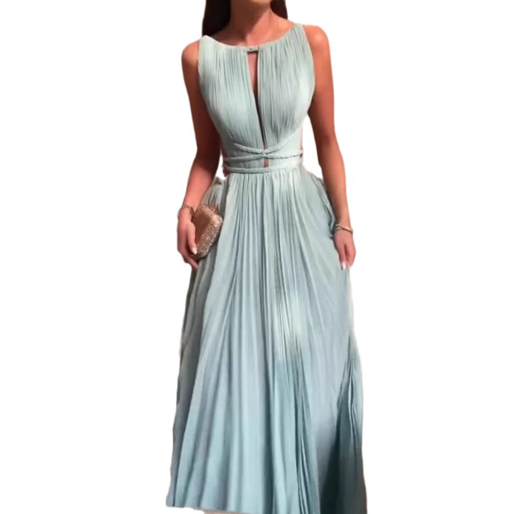 女式圆领无袖A线镂空及地长裙