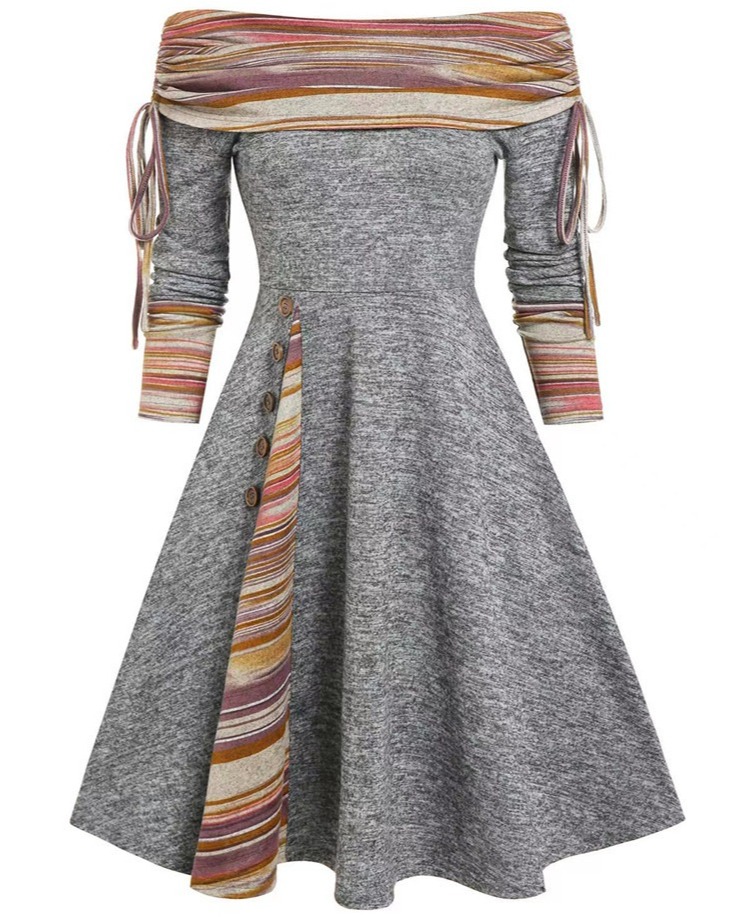 New Arrival Women's Fashion Off-Shoulder Long-Sleeve Maxi Dress Cinched Waist & Flared Silhouette