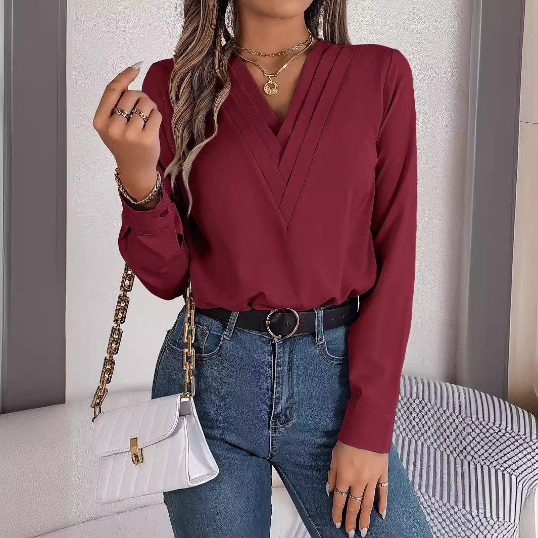 Elegant Solid Color Tiered V-Neck Long-Sleeve Blouse for Women Sophisticated Layering Design
