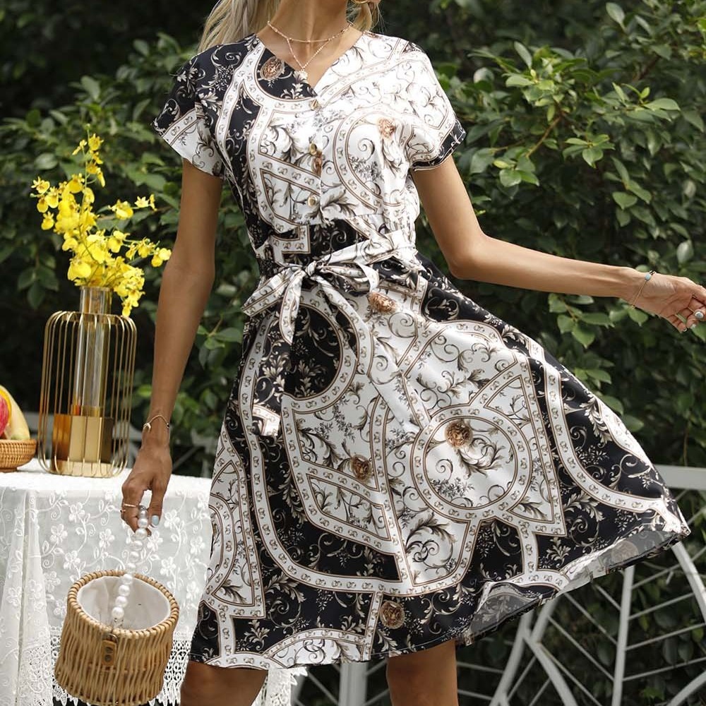 夏季印花系带收腰短袖连衣裙