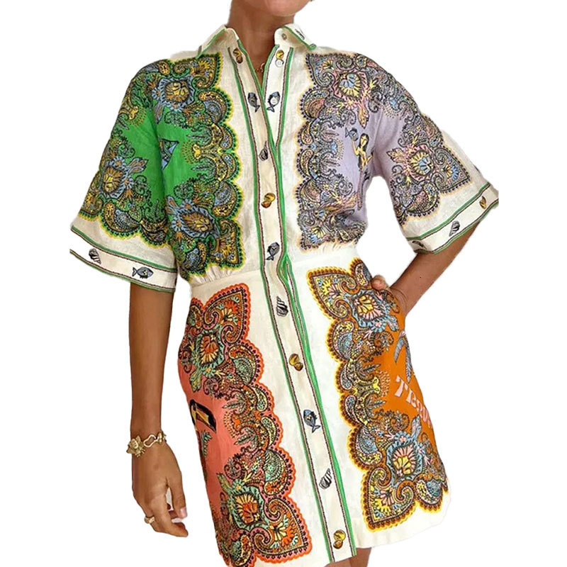 New Arrival Women's Printed Collared Dress Single-Breasted 3/4 Sleeve Casual Midi Dress