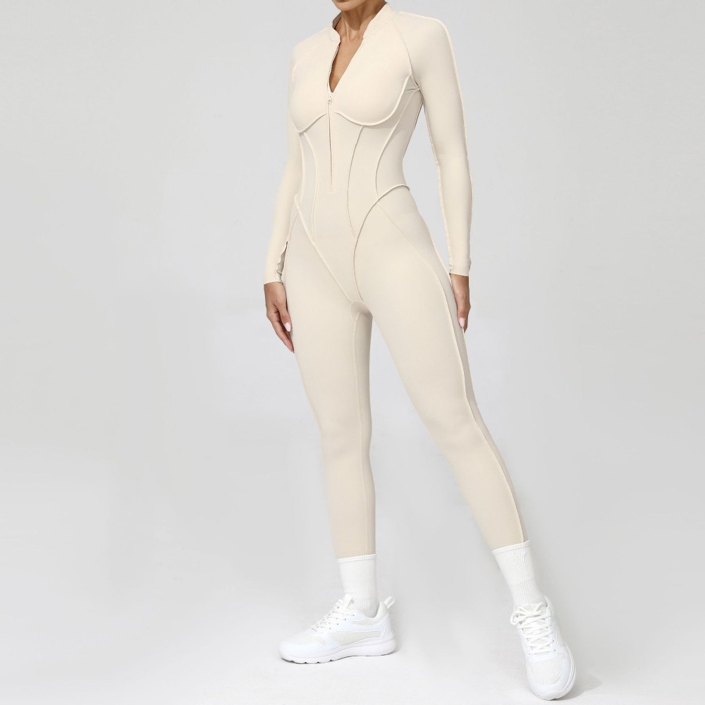 半开拉链长袖外穿健身瑜伽连体服女露背紧身运动连体衣