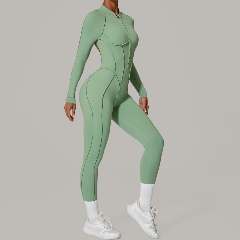半开拉链长袖外穿健身瑜伽连体服女露背紧身运动连体衣