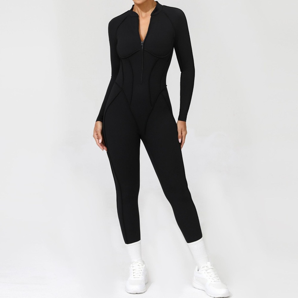 Women's Front Half-Zip Long-Sleeve Workout Jumpsuit Backless Form-Fitting Yoga & Fitness One-Piece