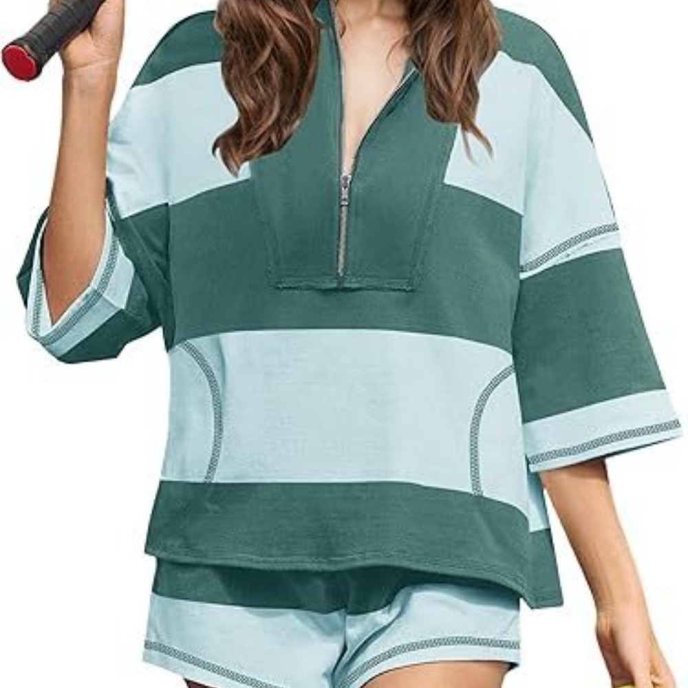 Women's Striped Short-Sleeve Oversized Shirt & Shorts Set Casual Sporty Two-Piece Activewear Ensemble