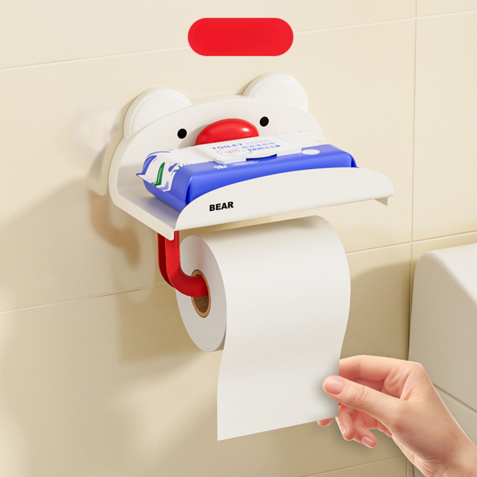 Wall-Mounted Bear Tissue Box Holder - No Drill Bathroom Paper Organizer for Tile/Glass Surfaces (Suction Cup Version)