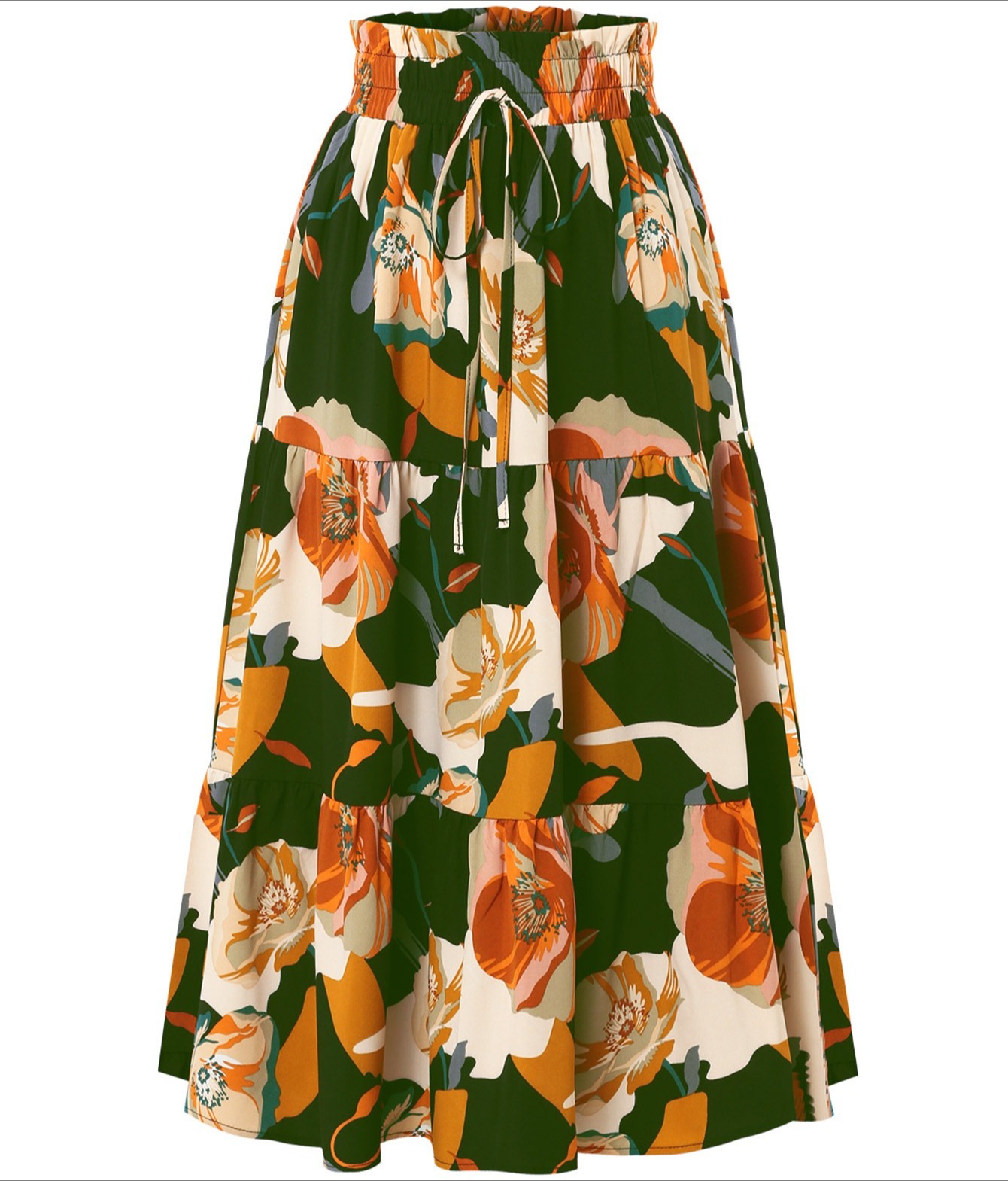 褶皱裙花卉印花松紧腰女式半身裙