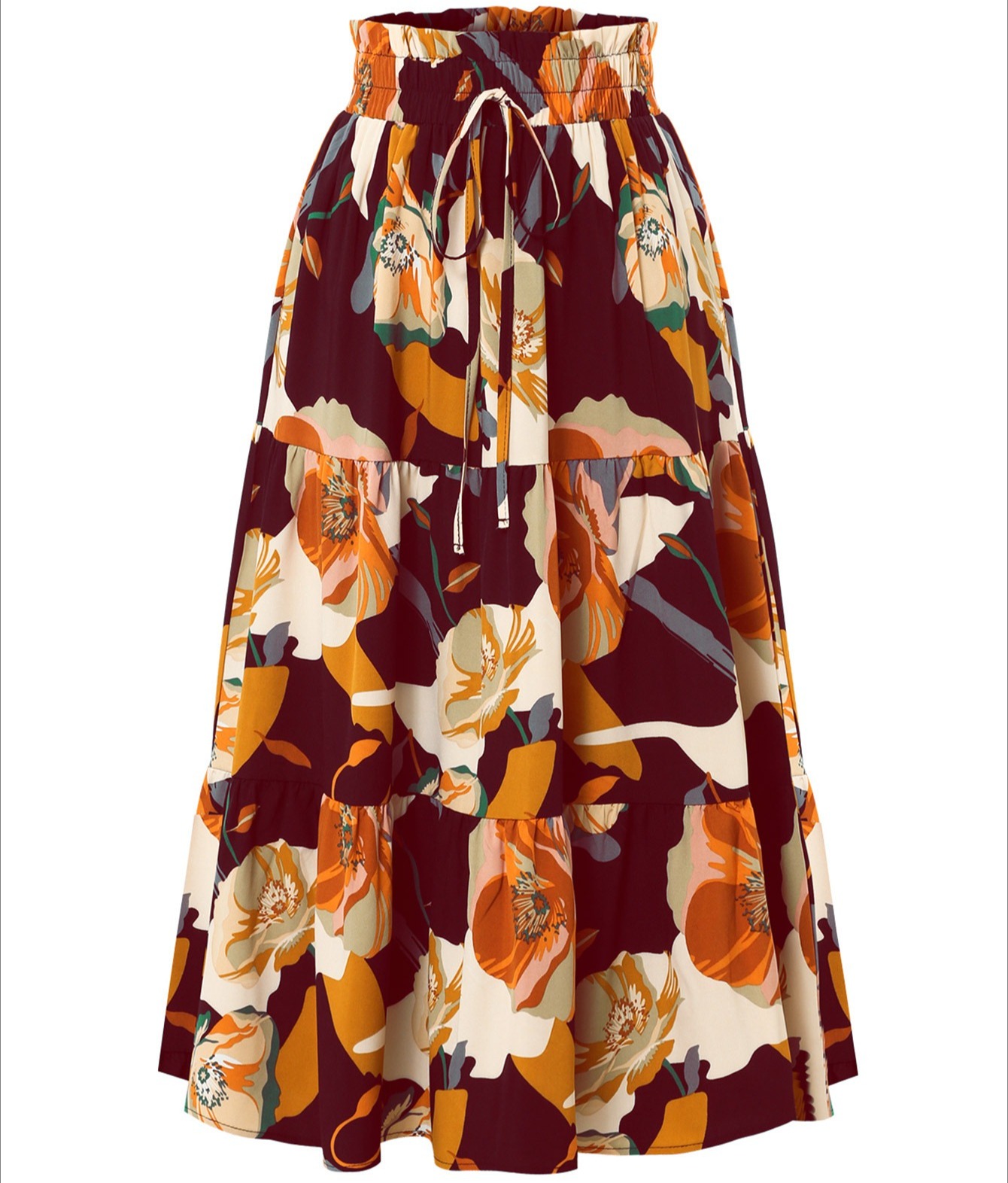 褶皱裙花卉印花松紧腰女式半身裙