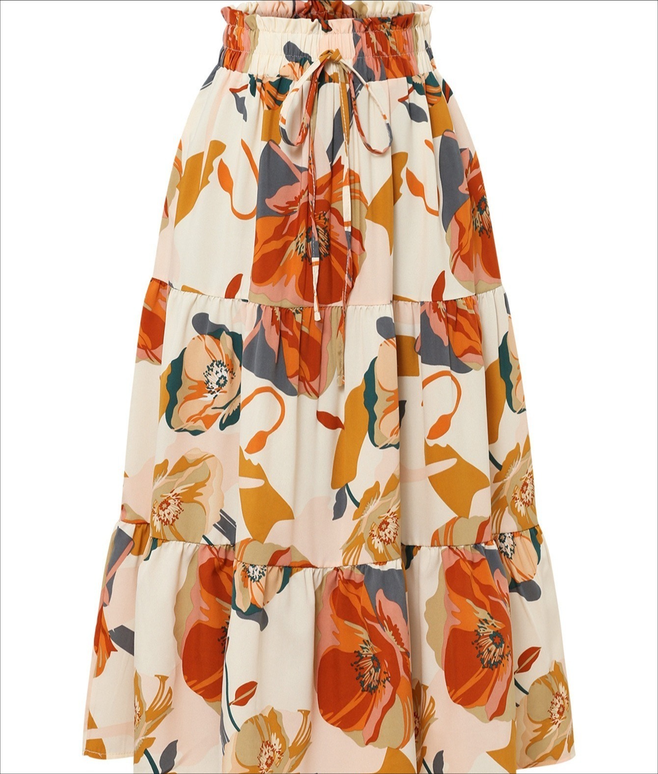 褶皱裙花卉印花松紧腰女式半身裙