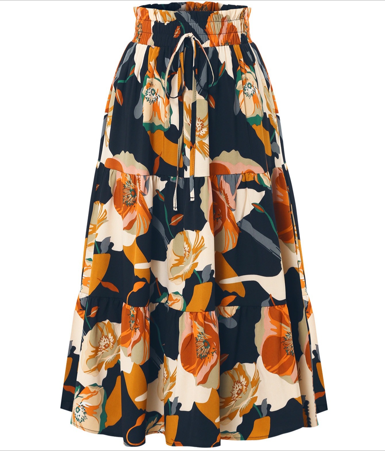 褶皱裙花卉印花松紧腰女式半身裙