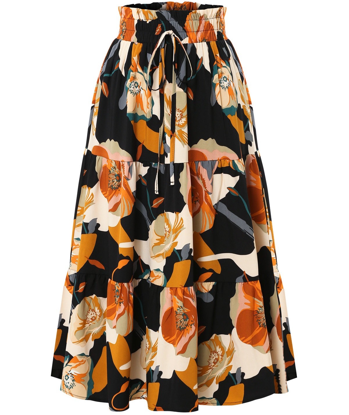 Floral-Printed Pleated Women's Elastic Waist Midi Skirt Flowy & Feminine Half Skirt