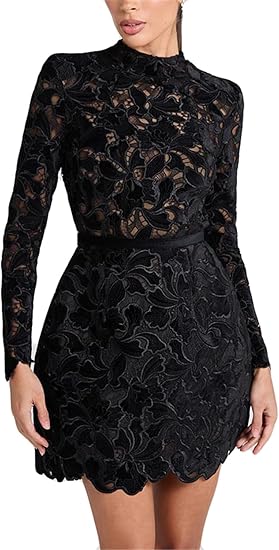 Womens Sexy Long Sleeve Solid Color Lace Crochet Hollow Party Dress Nightclub Dress