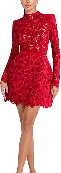 Womens Sexy Long Sleeve Solid Color Lace Crochet Hollow Party Dress Nightclub Dress