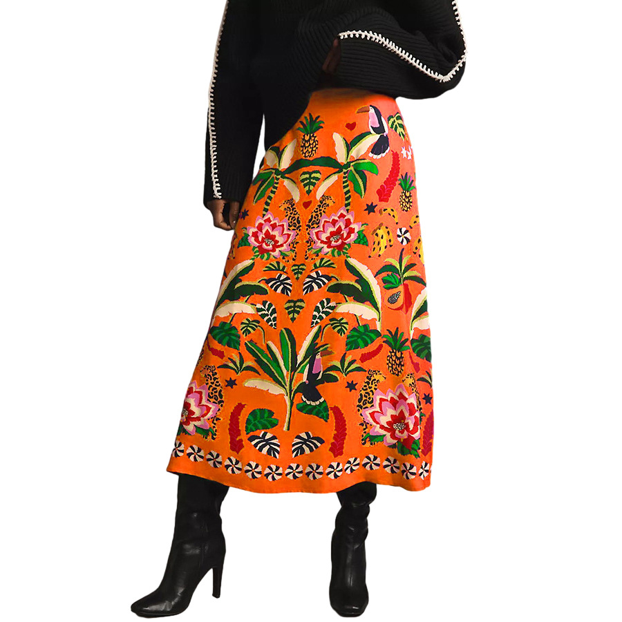 休闲时尚热带植物印花复古半身裙女