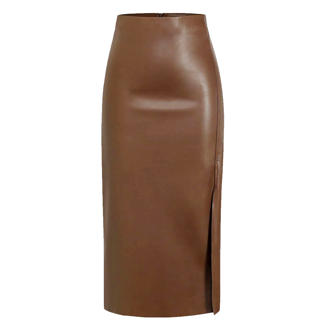 High-Waisted Leather Look Side-Slit Zippered Pencil Skirt Slim-Fit Bodycon Maxi Skirt for Women