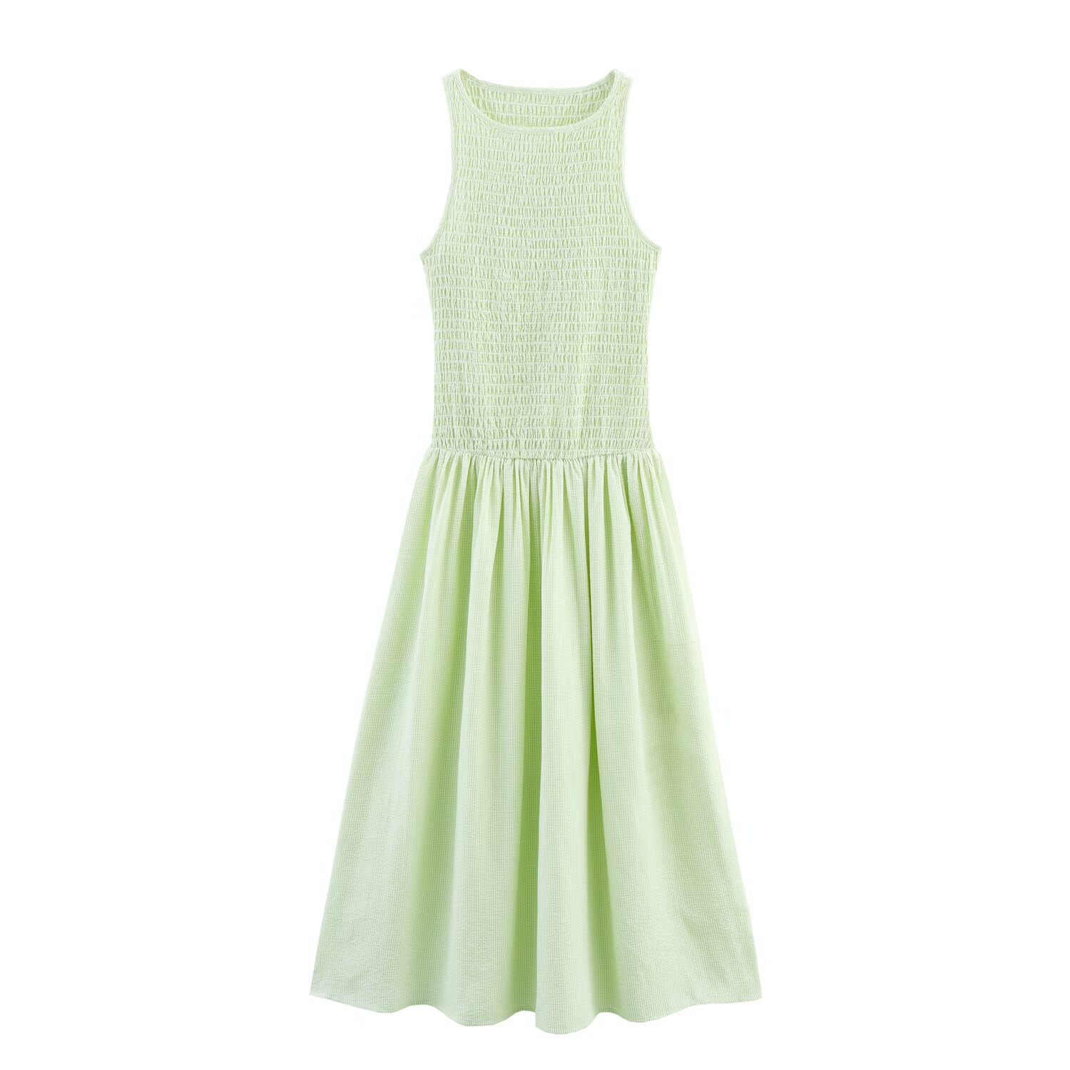 女士无袖褶皱格纹迷你裙无袖夏季休闲罩衫女士连衣裙与弹性织物休闲O领