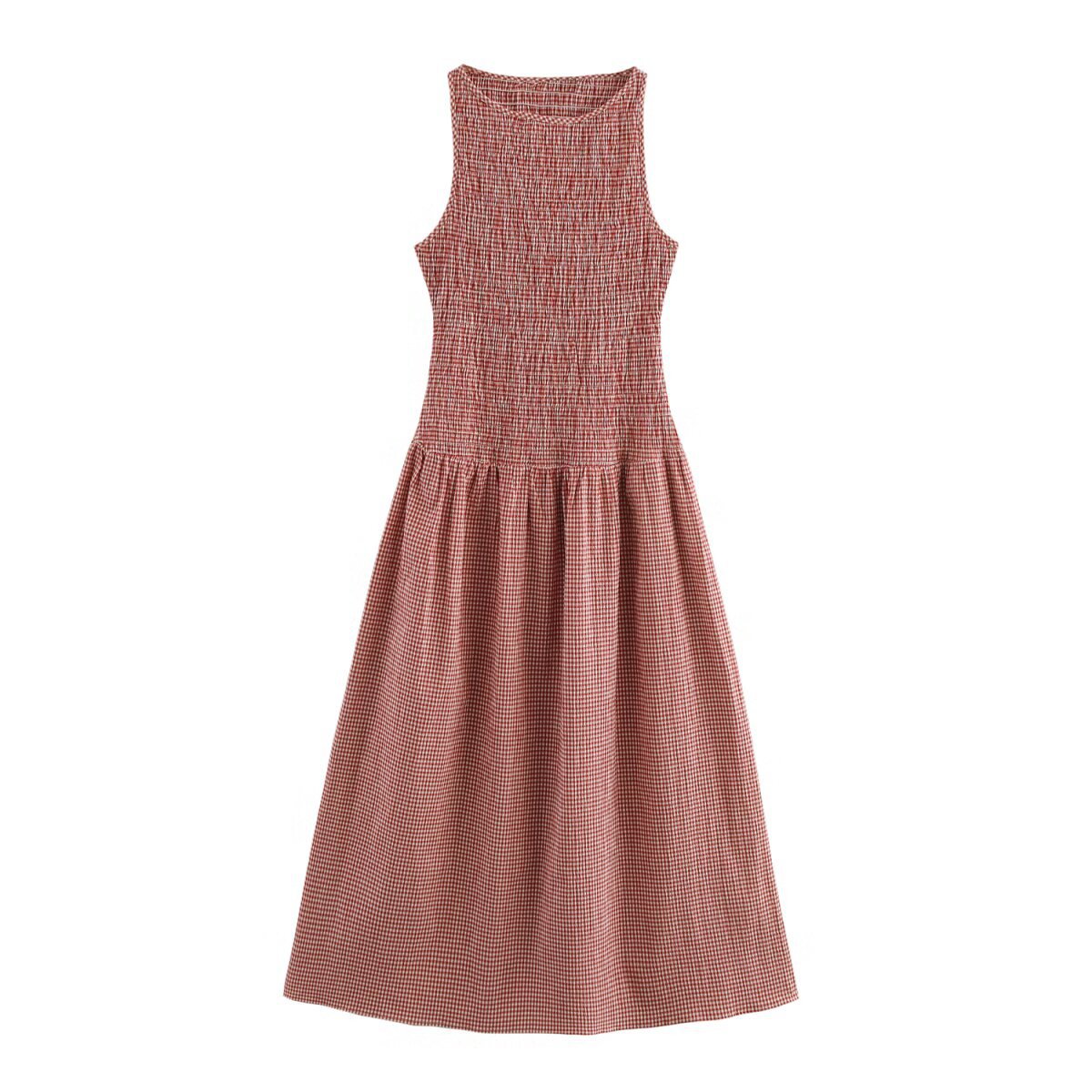 女士无袖褶皱格纹迷你裙无袖夏季休闲罩衫女士连衣裙与弹性织物休闲O领