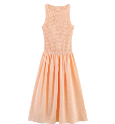 Women Sleeveless Pleated  Plaid Midi Dress Sleeveless Summer Casual Smocked Lady Dresses with Stretch Fabric Casual O Neck