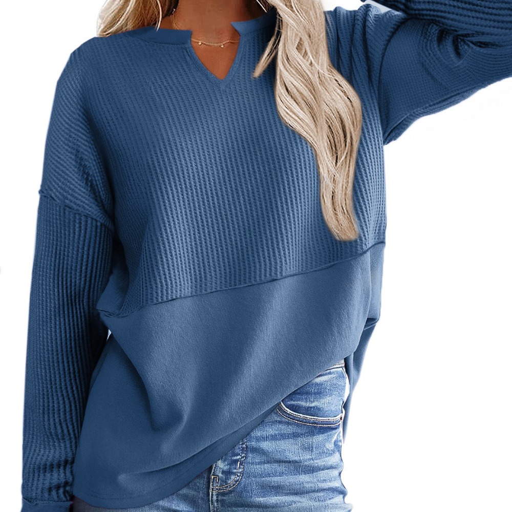 女士休闲衫纯色长袖拼接纯色宽松卫衣女