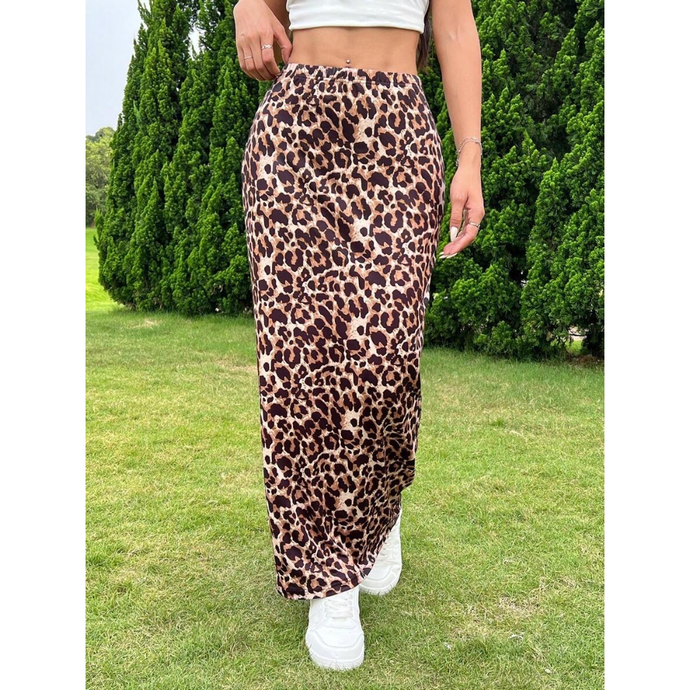 2025春季新款亚马逊欧美跨境高腰半身长裙女士豹纹及膝紧身针织裙