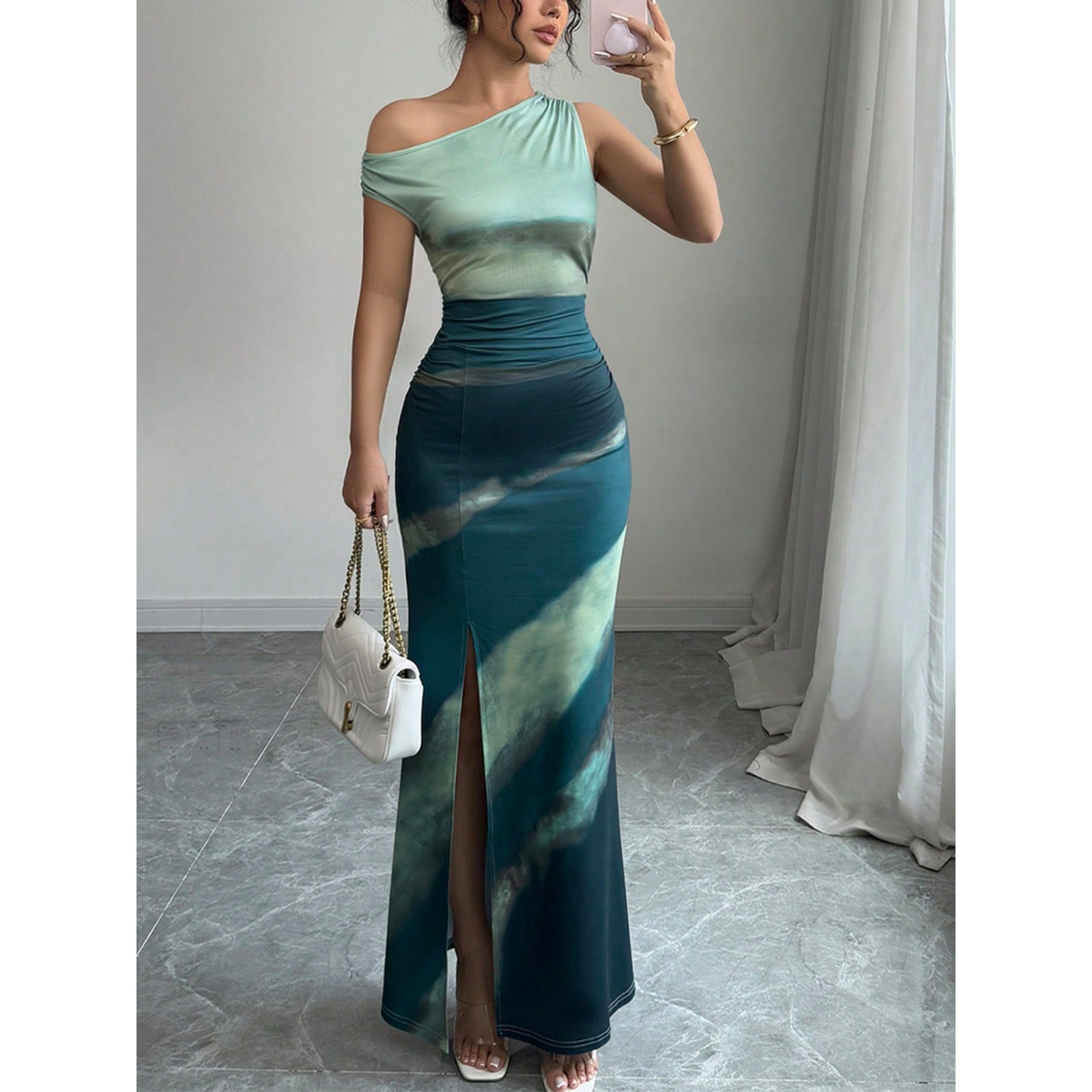 Women's Summer Color Block Bodycon Dress Asymmetric One-Shoulder Sleeveless High Slit Long Evening Party Dress