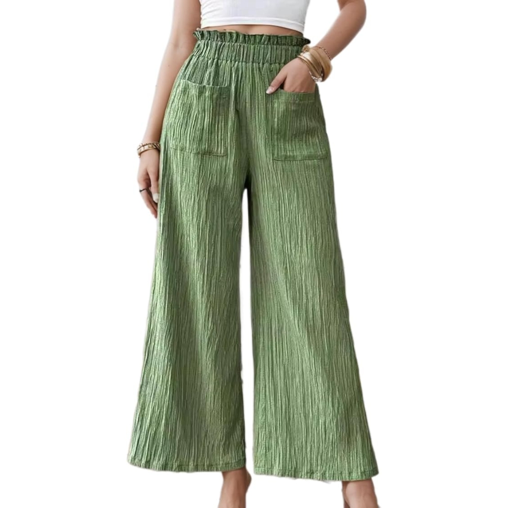 Women's Summer Smocked High Waisted Wide Leg Pants Loose Fit Casual Solid Color Pleated Elastic Waist Palazzo Pants Y2K Trendy Daily Style Comfy Flowy Boho Trousers with Front Pockets  