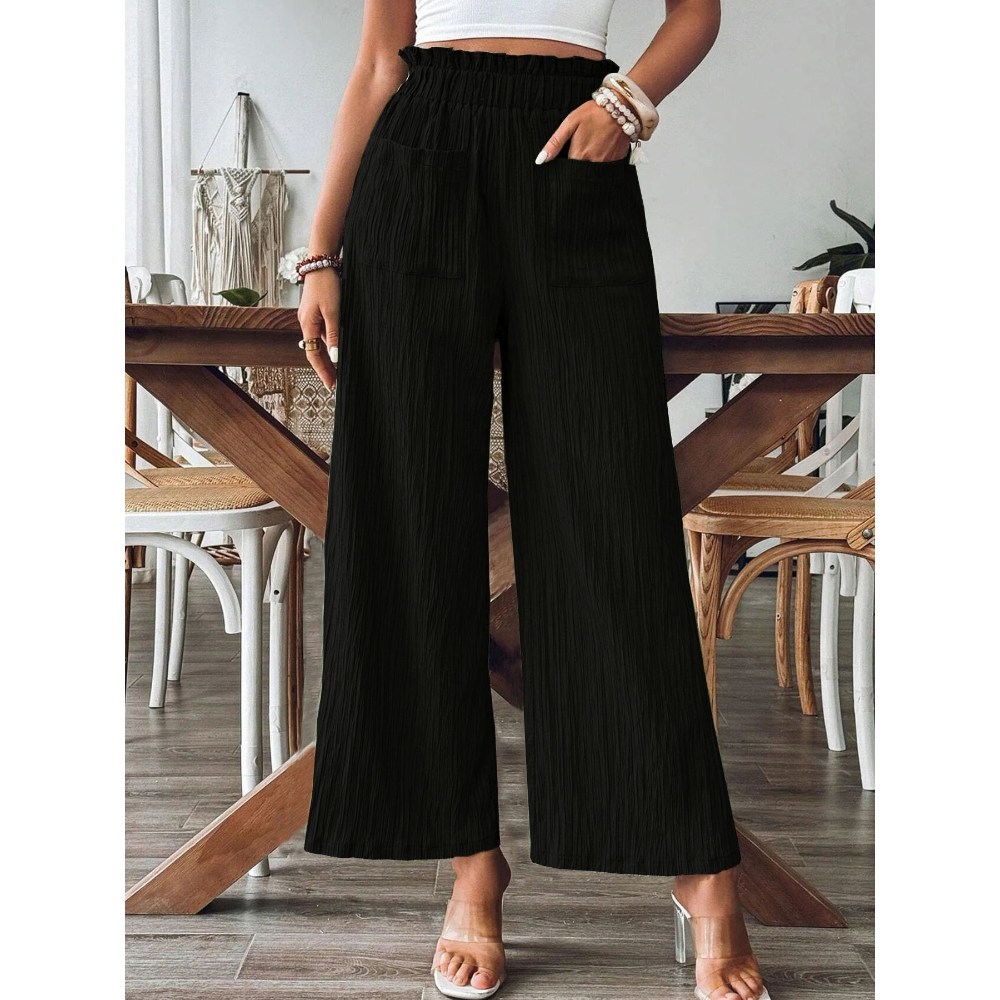 Women's Summer Smocked High Waisted Wide Leg Pants Loose Fit Casual Solid Color Pleated Elastic Waist Palazzo Pants Y2K Trendy Daily Style Comfy Flowy Boho Trousers with Front Pockets  