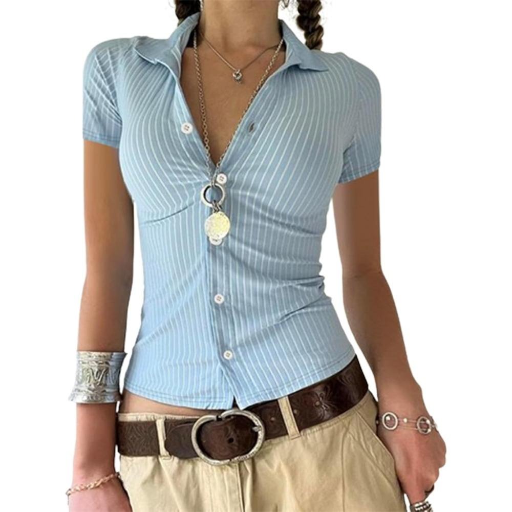 Women Y2k Button Down Shirt Cute Sleeve V Neck Slim Fit Crop Top Casual 90S Vintage Blouse