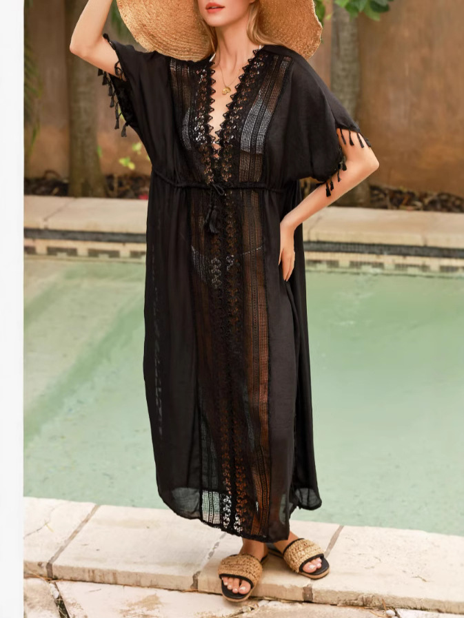 Women's Lace Patchwork Long Cape Cardigan, Summer New Bamboo Cotton Tassel Long Dress  Bikini Cover-Up Beach Dress