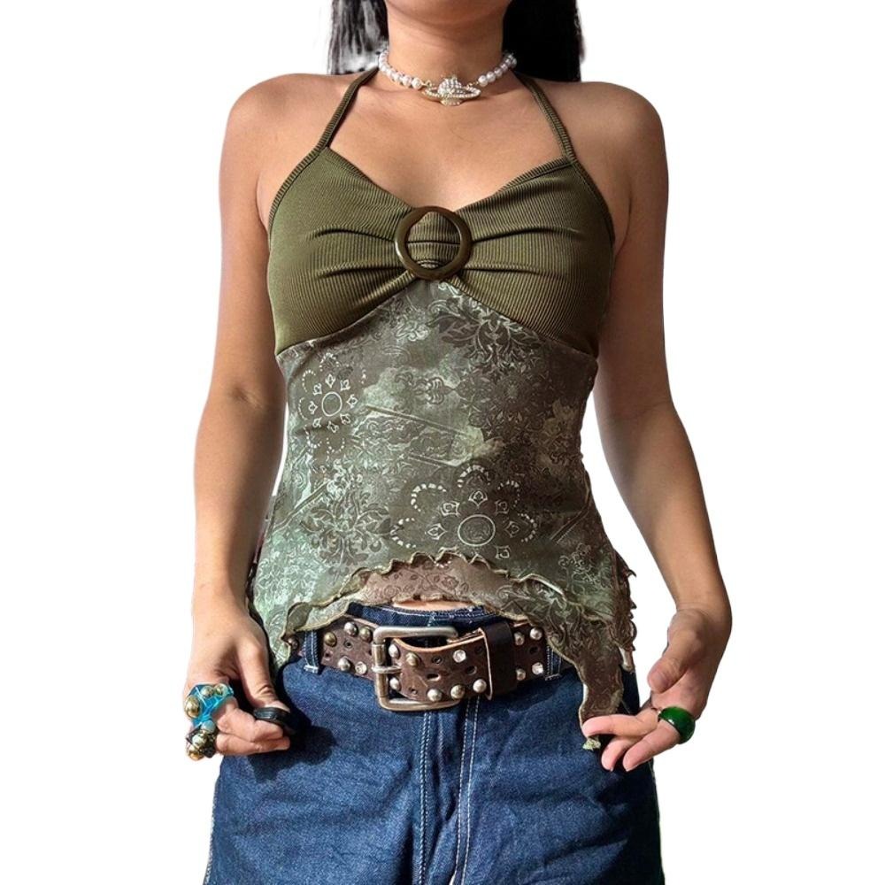 Women's Y2k Halter Top Floral Hippie Tops retro, irregular, slim-fit halter top with a V-neck and a patchwork plant print