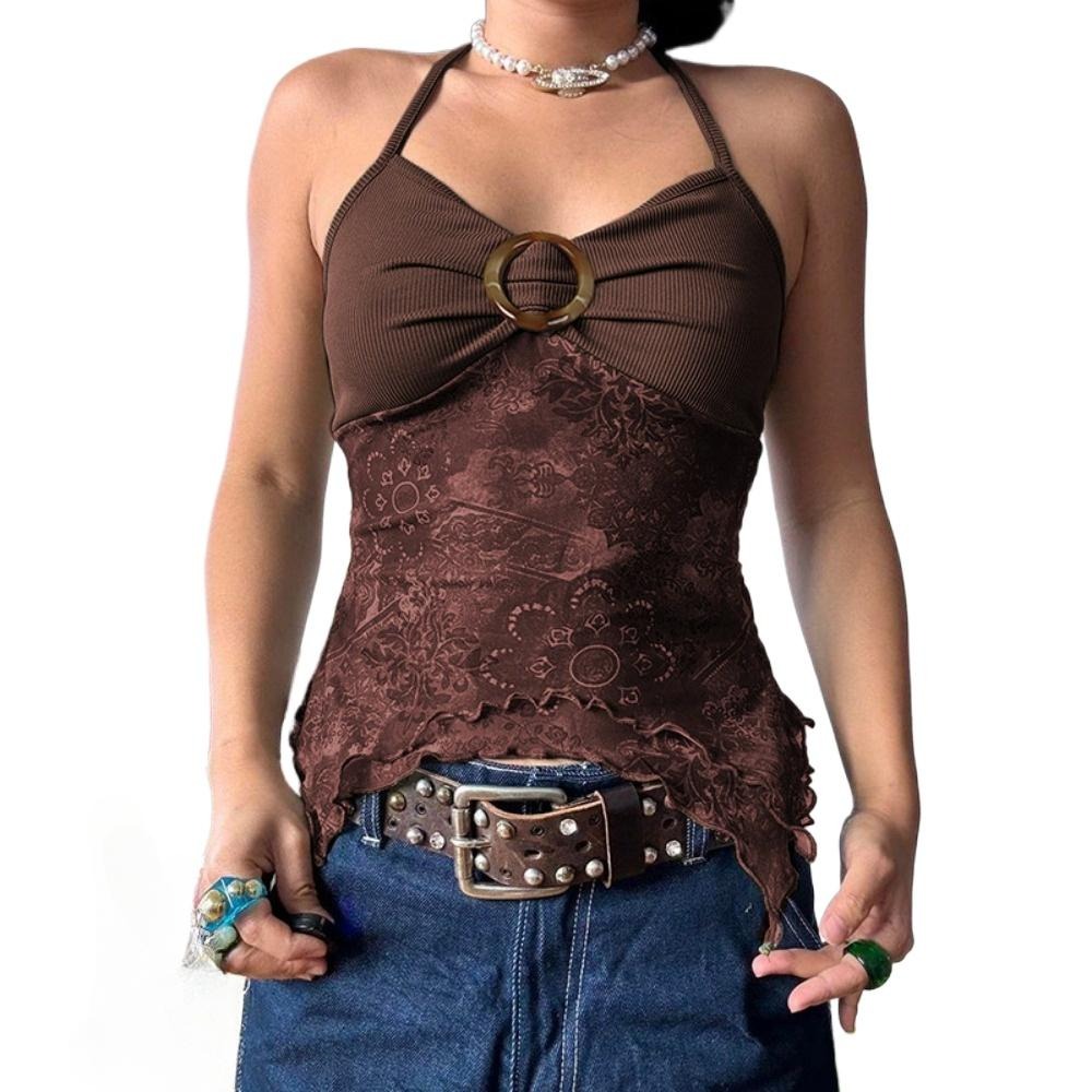 欧美少女森系拼接植物印花吊带女跨境V领复古不规则修身挂脖背心