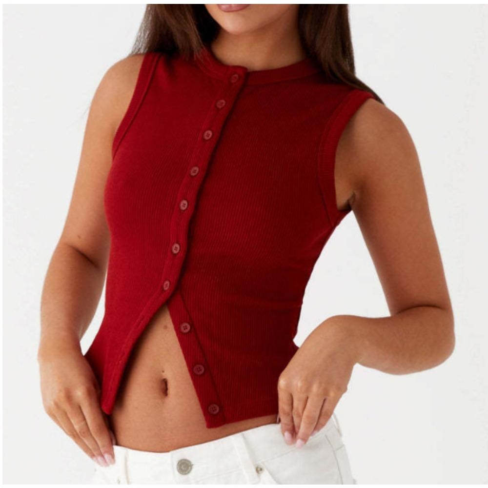 欧美跨境女装2025亚马逊TK 夏季Y2K修身辣妹无袖圆领螺纹纽扣背心