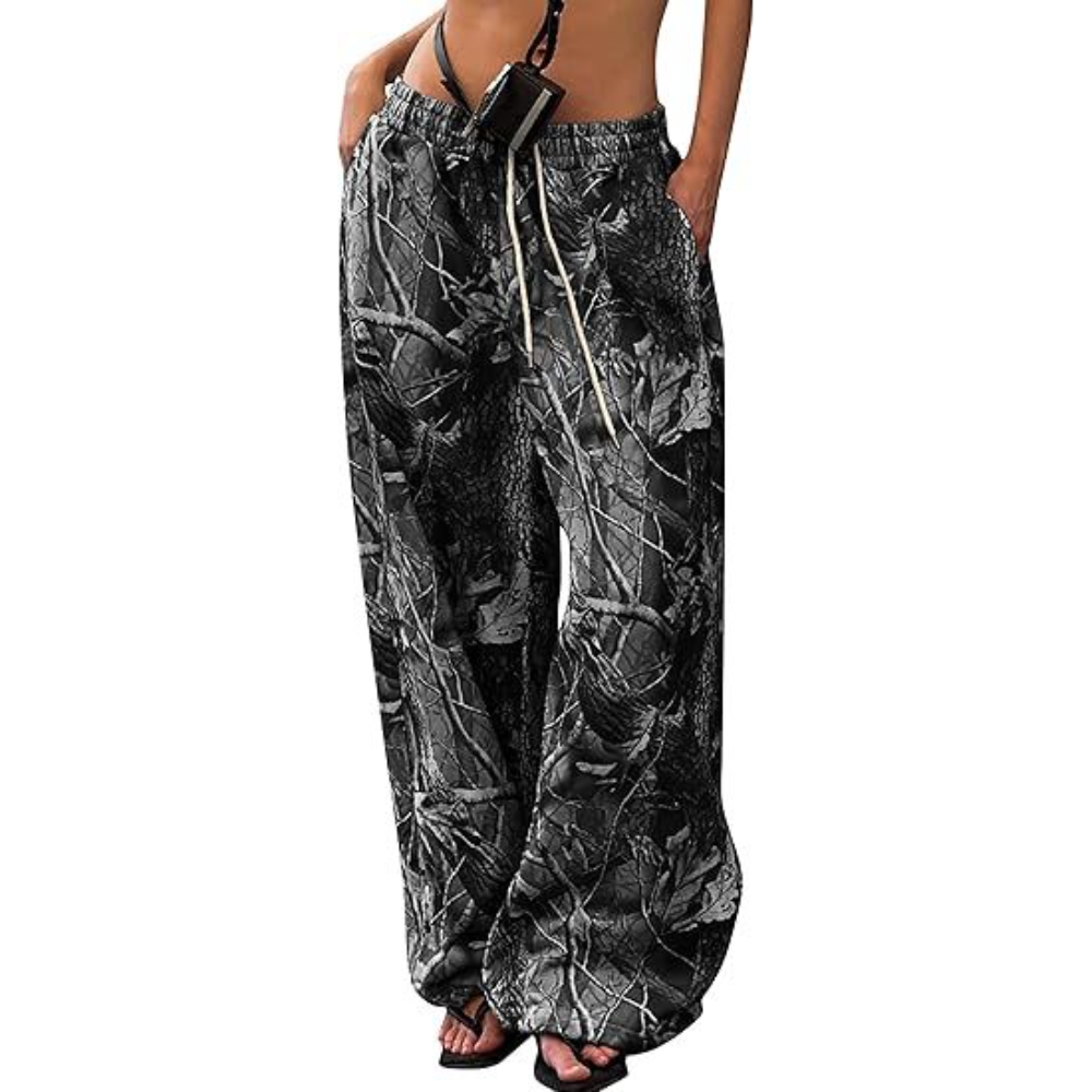 Women's Elastic Waist Drawstring Camo Pants Wide Leg Floor Length Trousers with Pocket Y2K Trendy Loose Slim Joggers Sweatpant Casual Baggy Camouflage Pant for Teens   