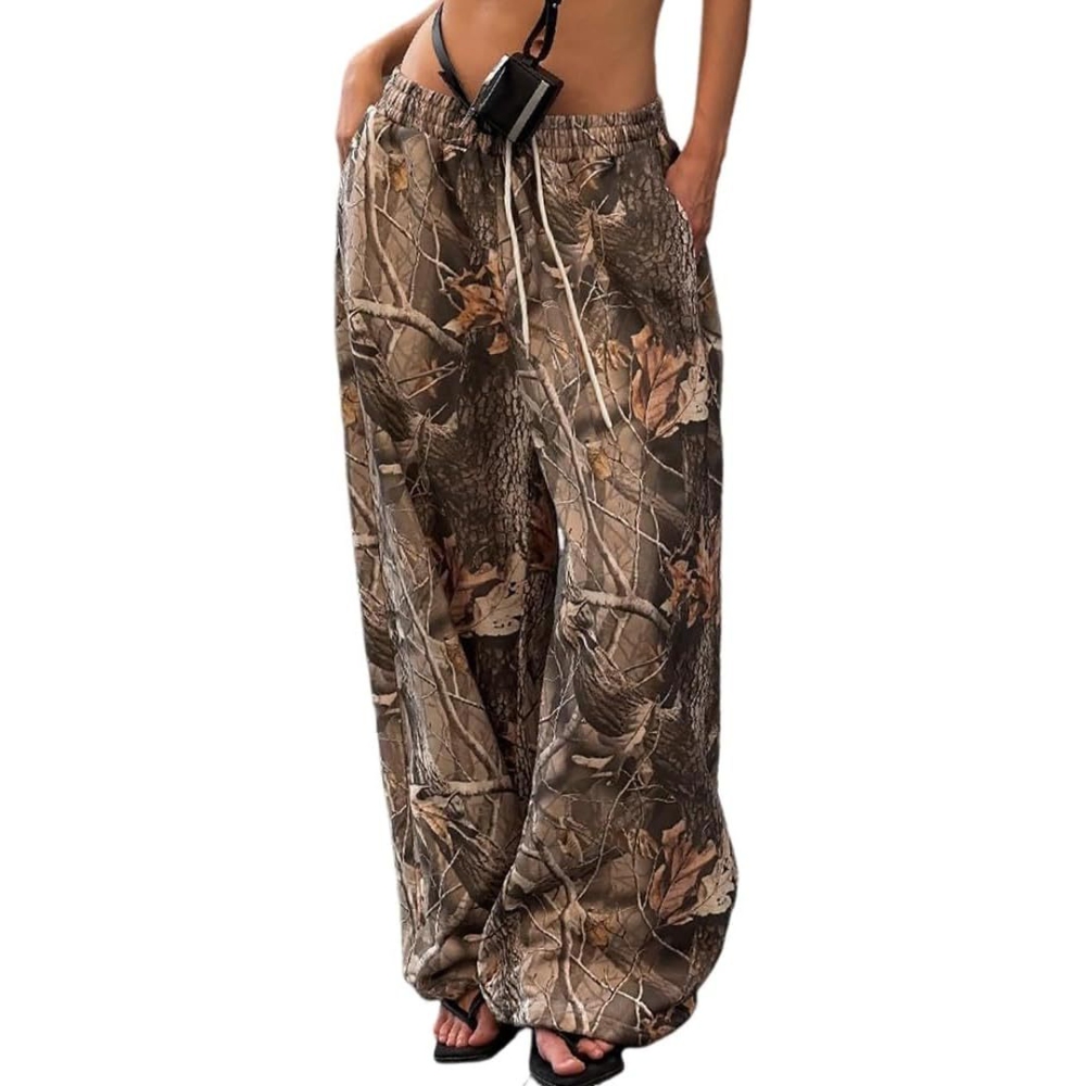 Women's Elastic Waist Drawstring Camo Pants Wide Leg Floor Length Trousers with Pocket Y2K Trendy Loose Slim Joggers Sweatpant Casual Baggy Camouflage Pant for Teens   
