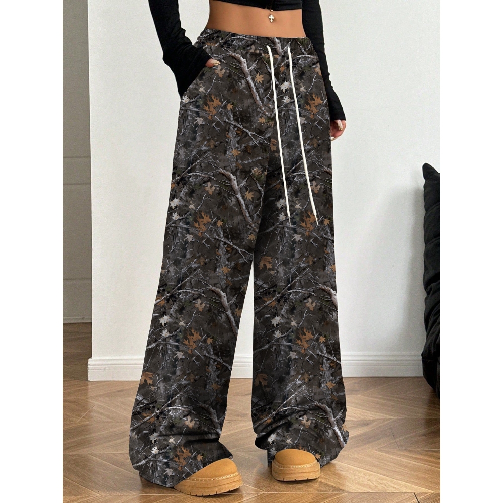 Women's Elastic Waist Drawstring Camo Pants Wide Leg Floor Length Trousers with Pocket Y2K Trendy Loose Slim Joggers Sweatpant Casual Baggy Camouflage Pant for Teens   